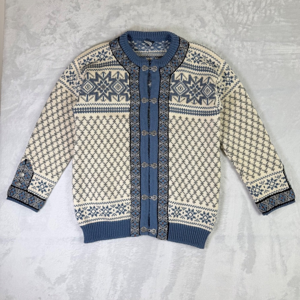 Dale of Norway Cardigan Sweater Women L Blue Nordic Wool Pewter Clasp Snowflake